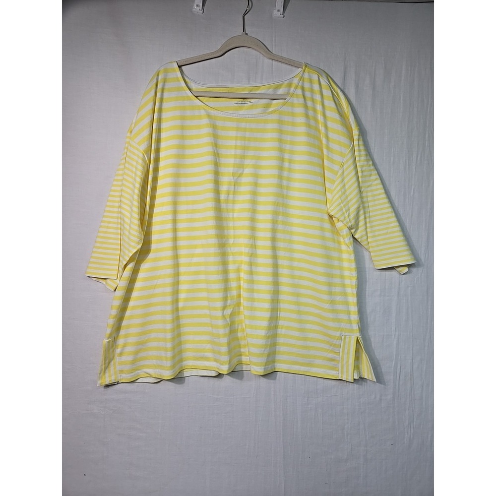 Talbots Women's 3X Plus‎ Yellow White Striped Knit Top 3/4 Sleeves Cotton